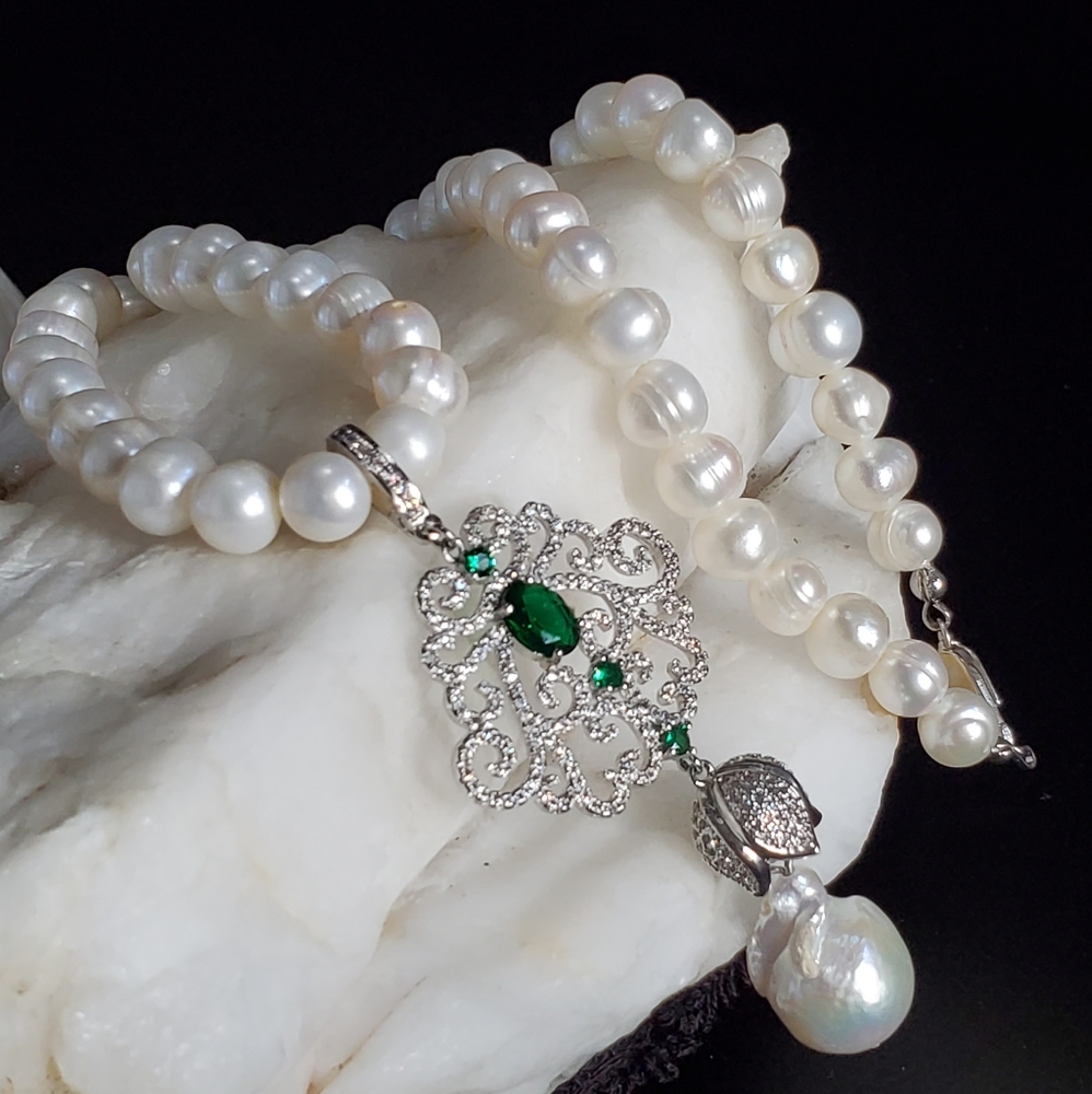 Freshwater Pearls Platinum plated Natural BAROQUE Pearl Pave Pendant